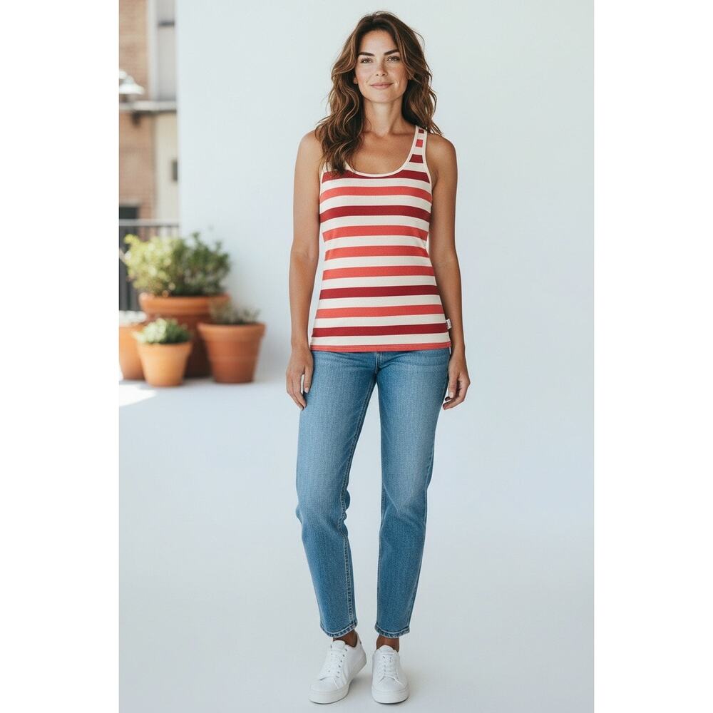Old Navy The Perfect Tank XXL Plus Red White Pink Striped Ribbed Scoop Neck Boho - Picture 2 of 9